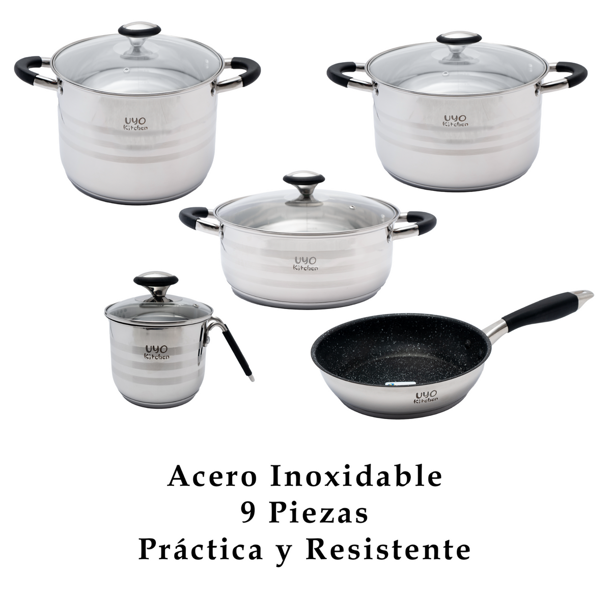 Batería de cocina UYO 9pzas, Acero Inoxidable – close-up