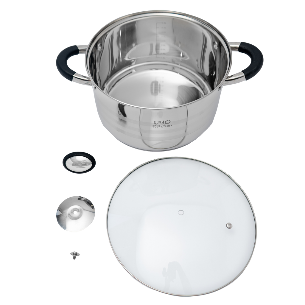 Batería de cocina UYO 9pzas, Acero Inoxidable – ángulo superior