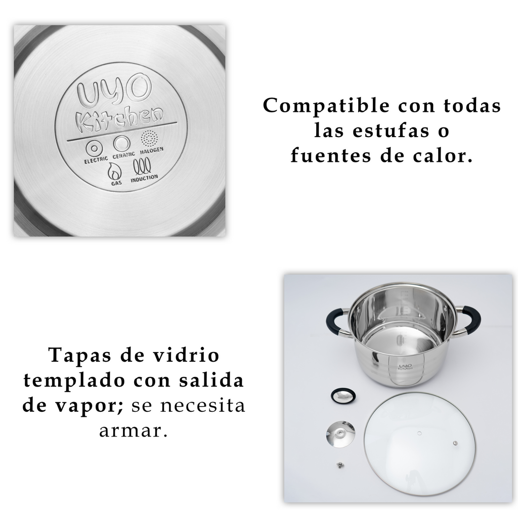 Batería de cocina UYO 9pzas, Acero Inoxidable – ángulo inferior