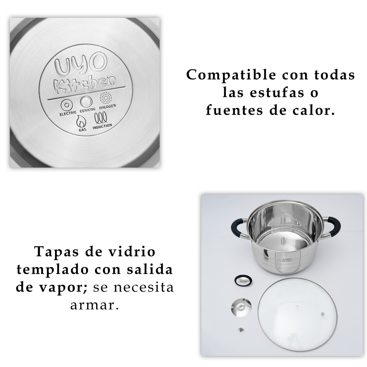 Batería de cocina UYO 9pzas, Acero Inoxidable – ángulo inferior