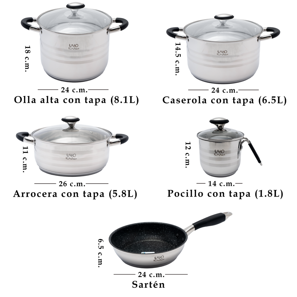 Batería de cocina UYO 9pzas, Acero Inoxidable – conjunto