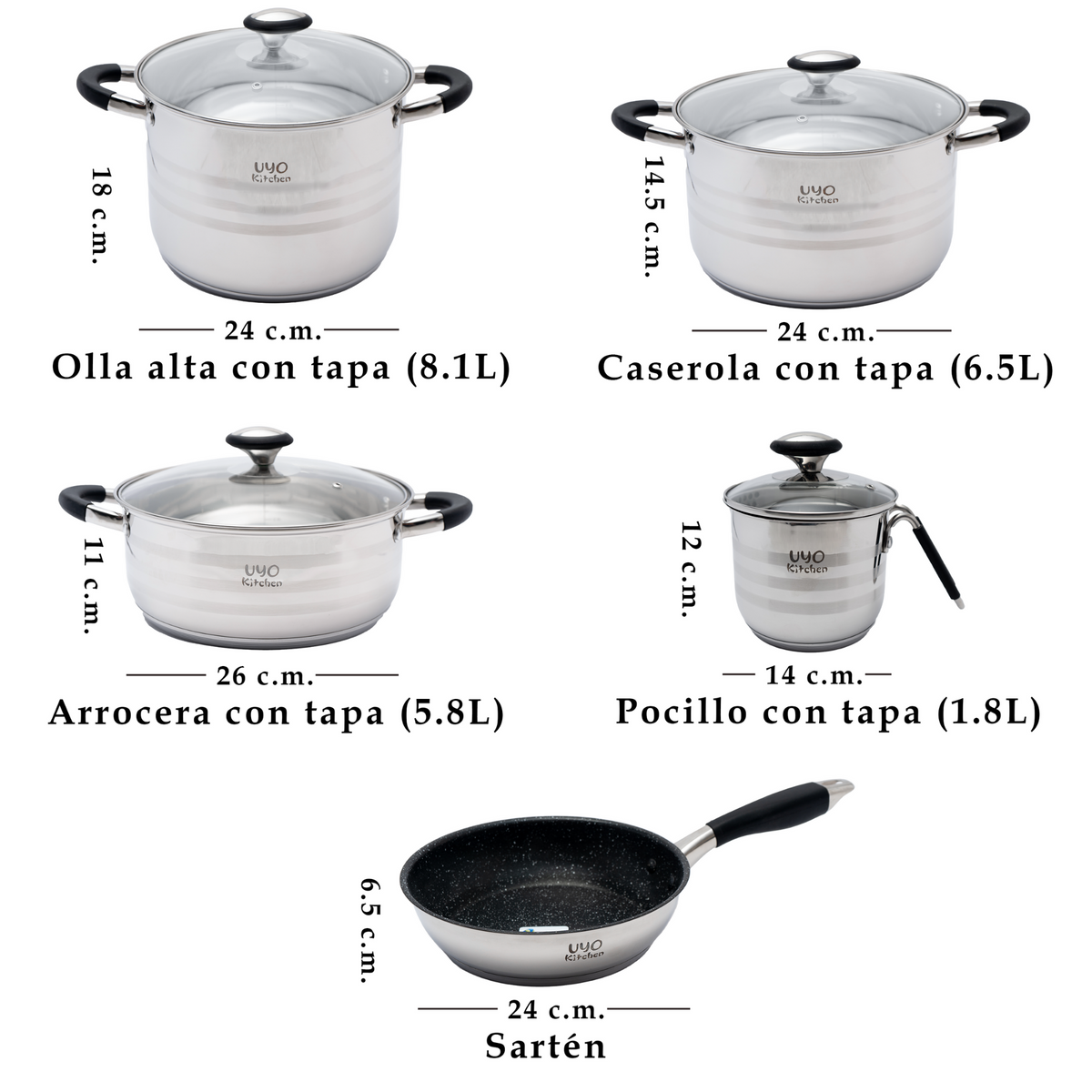 Batería de cocina UYO 9pzas, Acero Inoxidable – conjunto