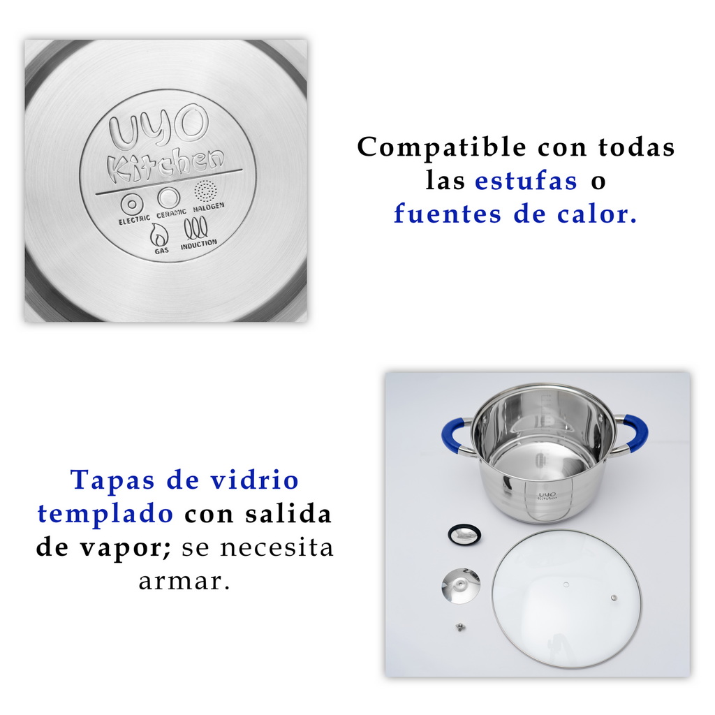Batería de cocina UYO 9pzas, Acero Inoxidable – ángulo inferior