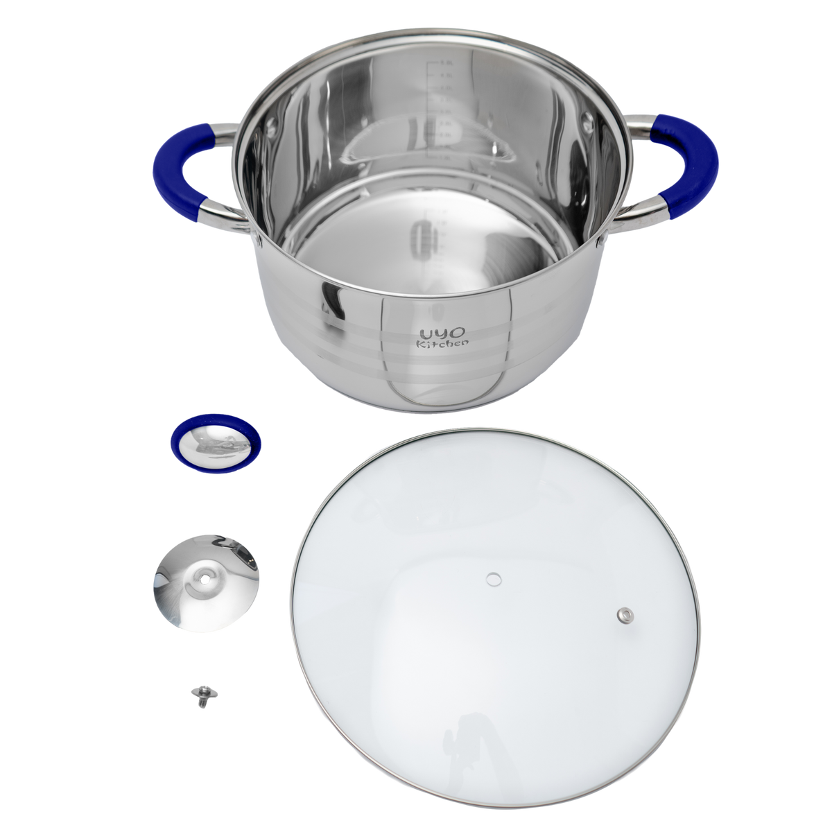 Batería de cocina UYO 9pzas, Acero Inoxidable – ángulo superior