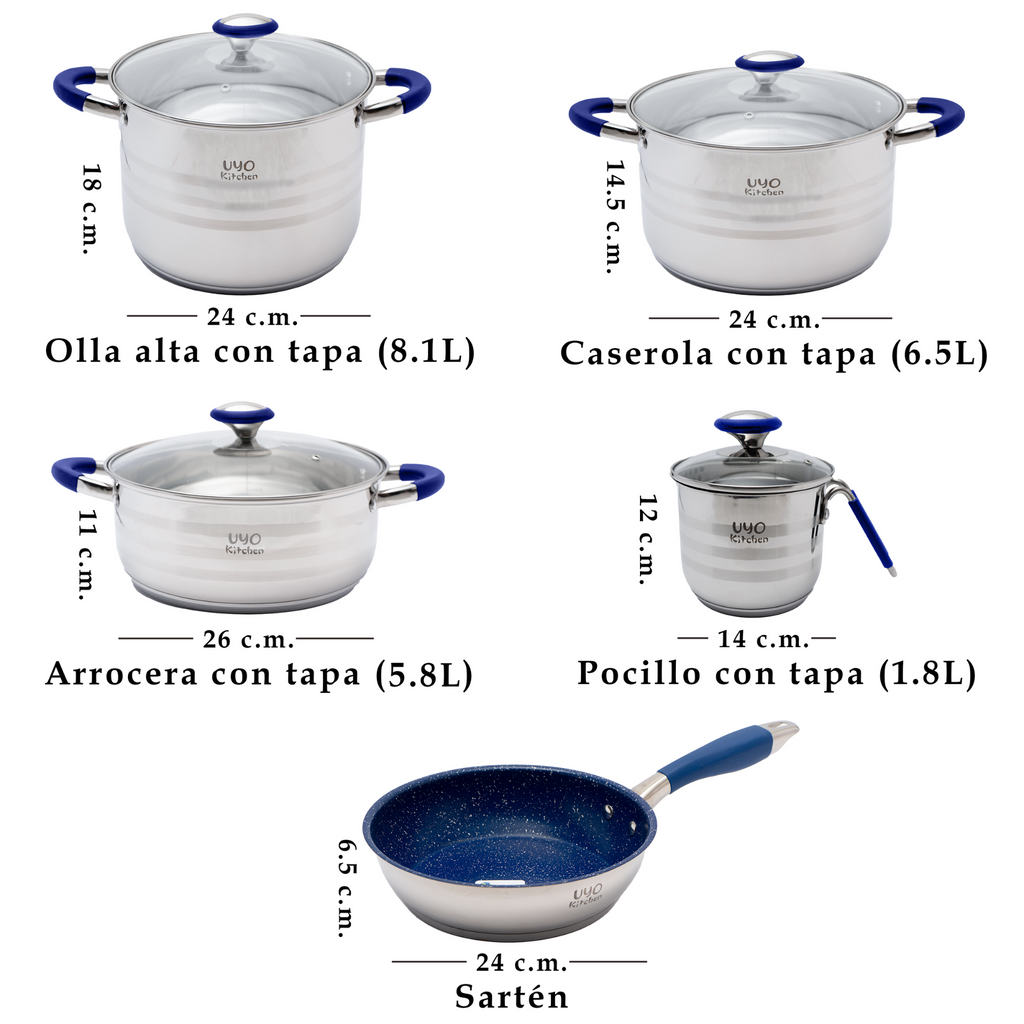 Batería de cocina UYO 9pzas, Acero Inoxidable – conjunto