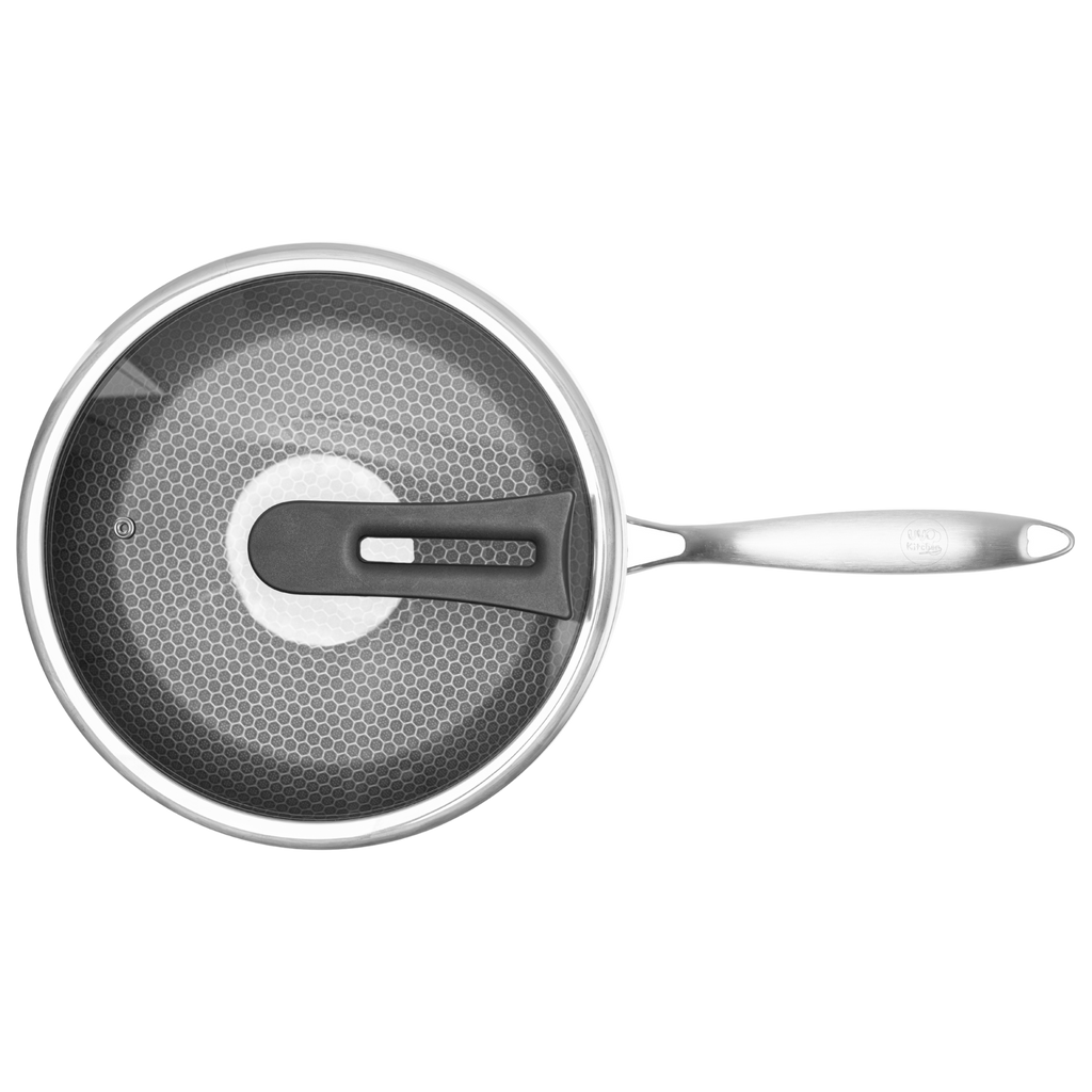 Sartén UYO 28cm Acero Inoxidable, Tapa – ángulo superior